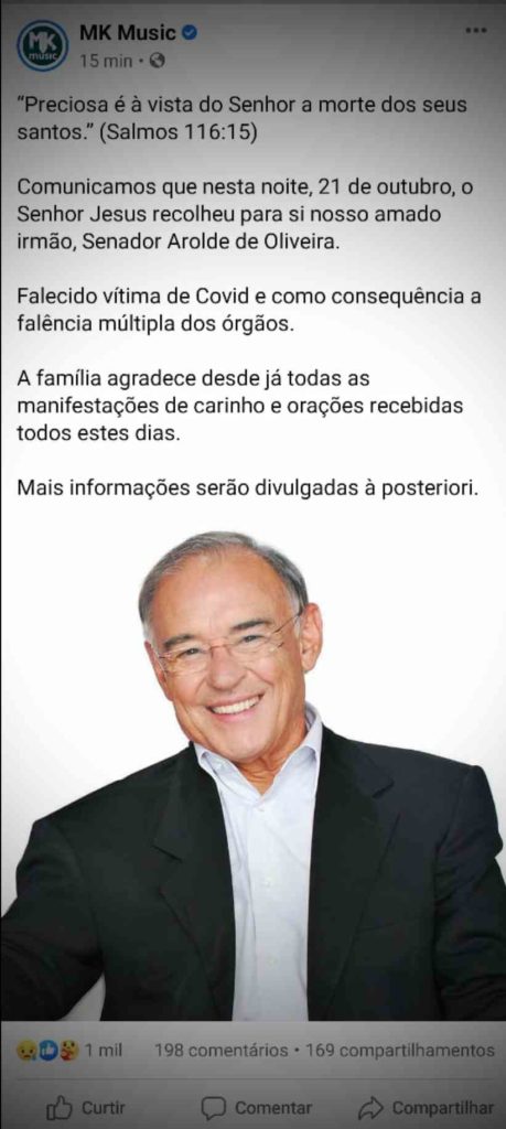 Comunicado morte senador Arolde de Oliveira
