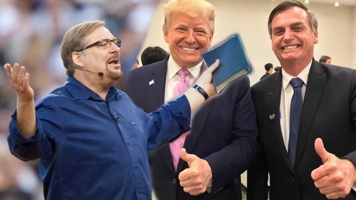 Pastor Rick Warren com Donald Trump e Bolsonaro (fotomontagem)